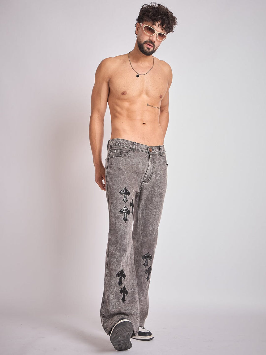 Grey Pu Cross Flared Denim Jeans Fugazee