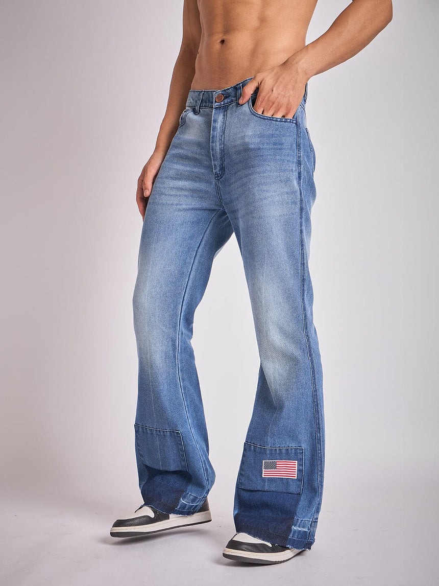 Indigo Super Flared Cut & Sew Denim Jeans Fugazee