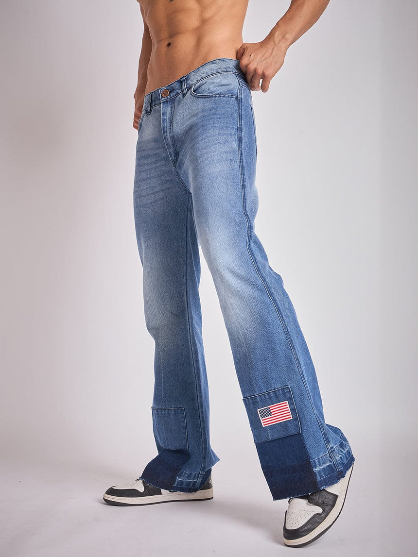 Indigo Super Flared Cut & Sew Denim Jeans Fugazee