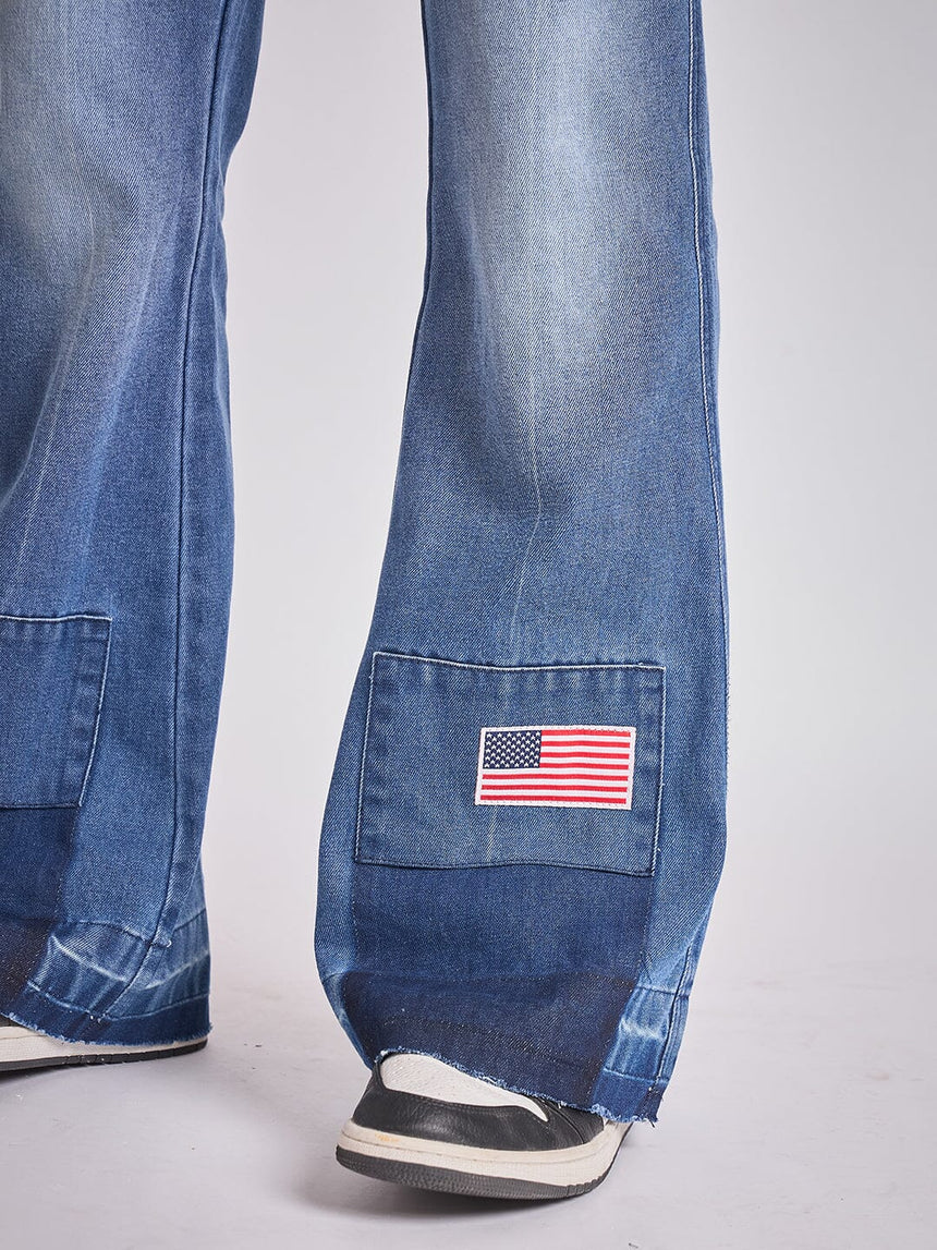 Indigo Super Flared Cut & Sew Denim Jeans Fugazee