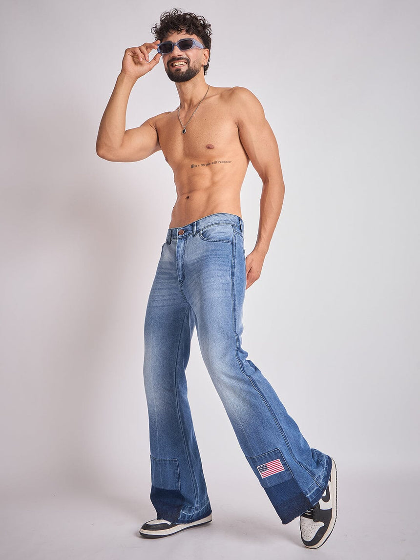 Indigo Super Flared Cut & Sew Denim Jeans Fugazee