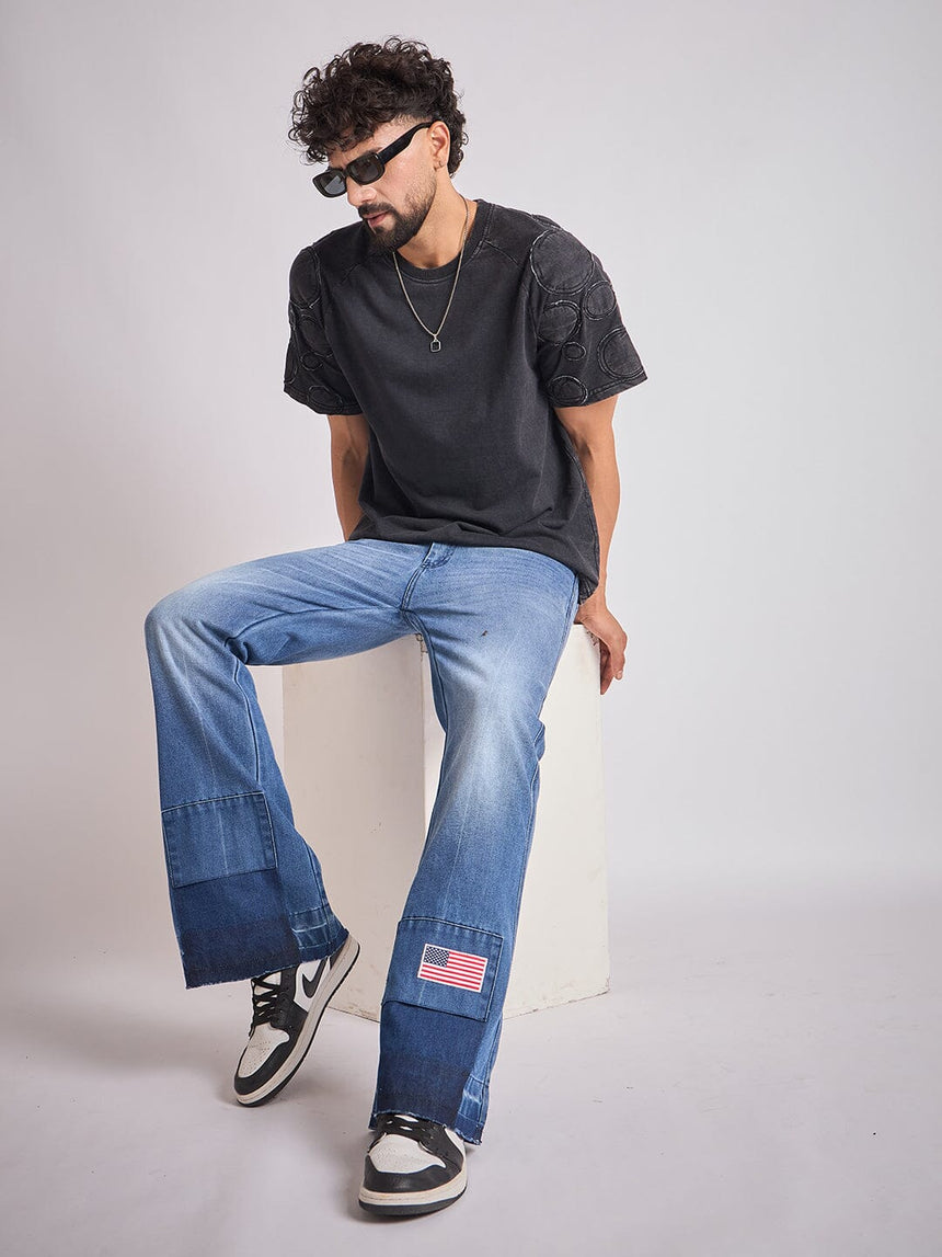 Indigo Super Flared Cut & Sew Denim Jeans Fugazee