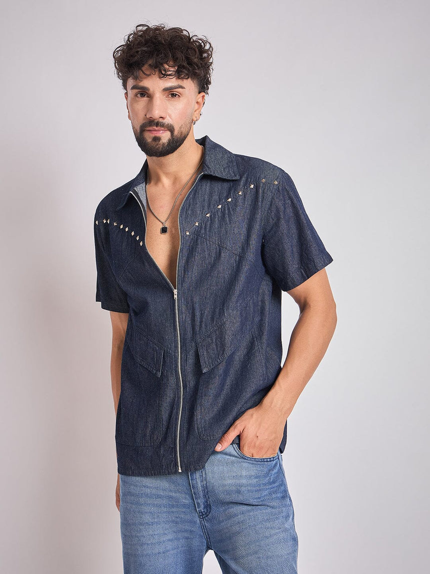 Dark Wash Studded Denim Shirt Shirts Fugazee