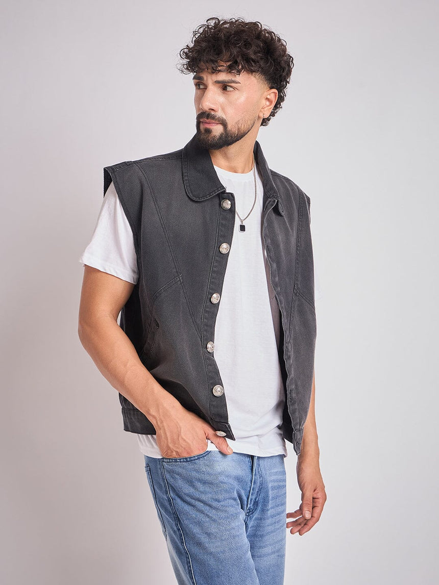 Black Cut-Sew Sleeveless Denim Jacket Jackets Fugazee