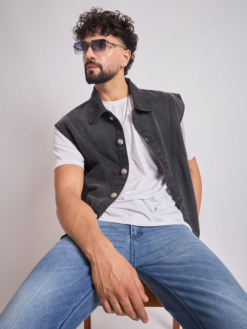 Black Cut-Sew Sleeveless Denim Jacket Jackets Fugazee