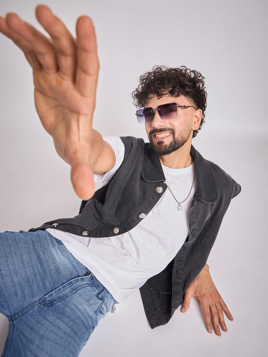 Black Cut-Sew Sleeveless Denim Jacket Jackets Fugazee