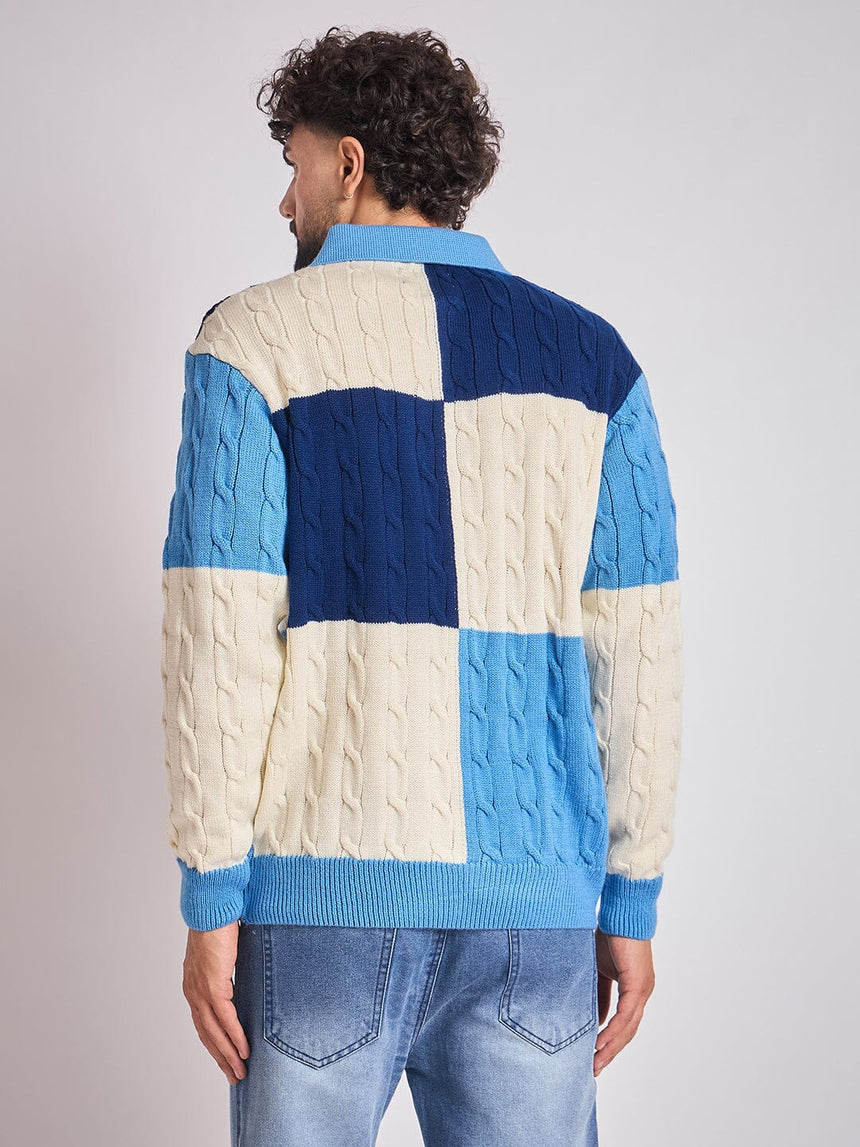 Blue Cloured Blocked Cabel Knit Sweater Sweaters Fugazee
