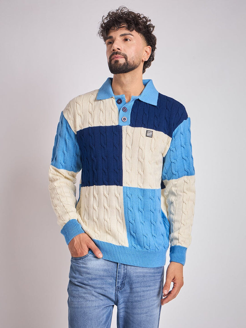 Blue Coloured Blocked Cable Knit Sweater Sweaters Fugazee