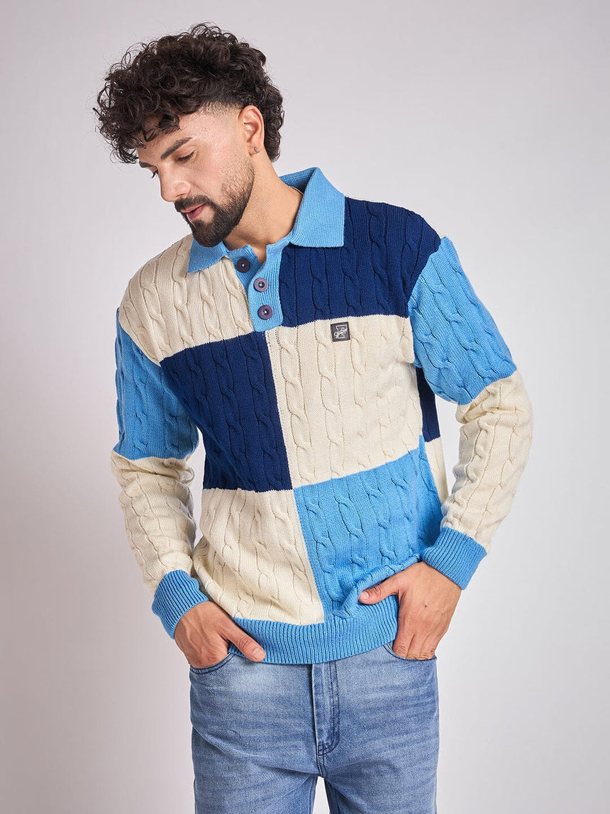 Blue Coloured Blocked Cable Knit Sweater Sweaters Fugazee