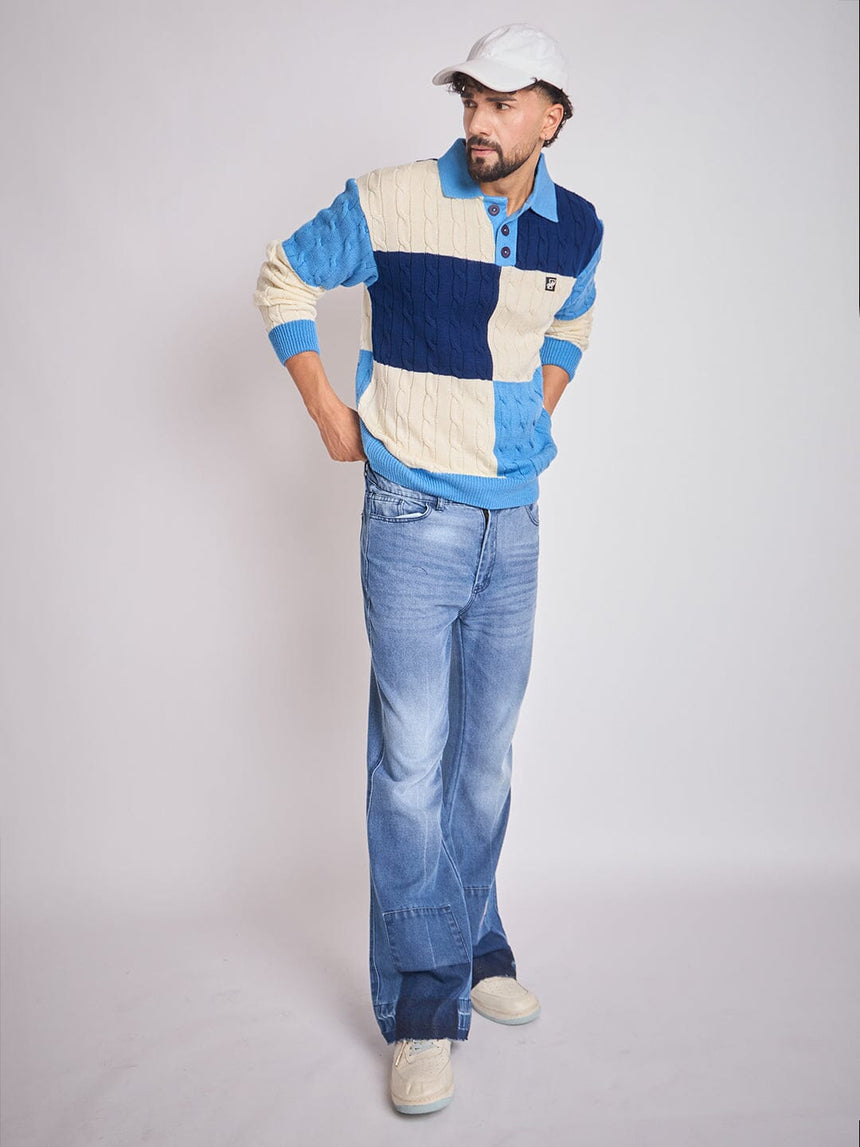 Blue Cloured Blocked Cabel Knit Sweater Sweaters Fugazee