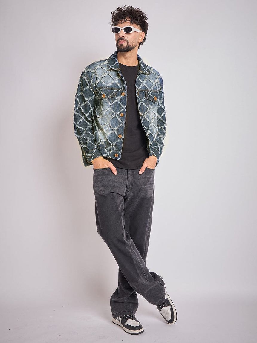Dark Washed Damaged Patterned Denim Jacket Jackets Fugazee