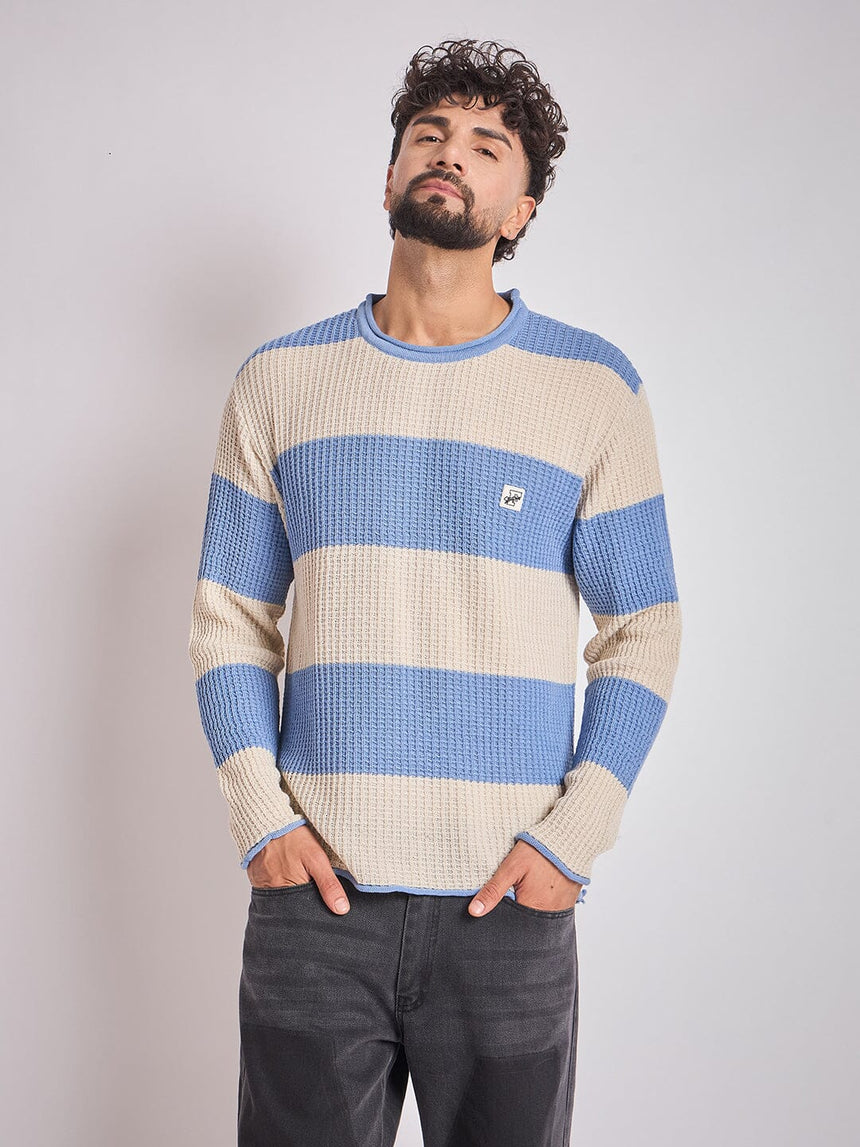 Sky and Cream Striped Raw Edge Sweater Sweaters Fugazee