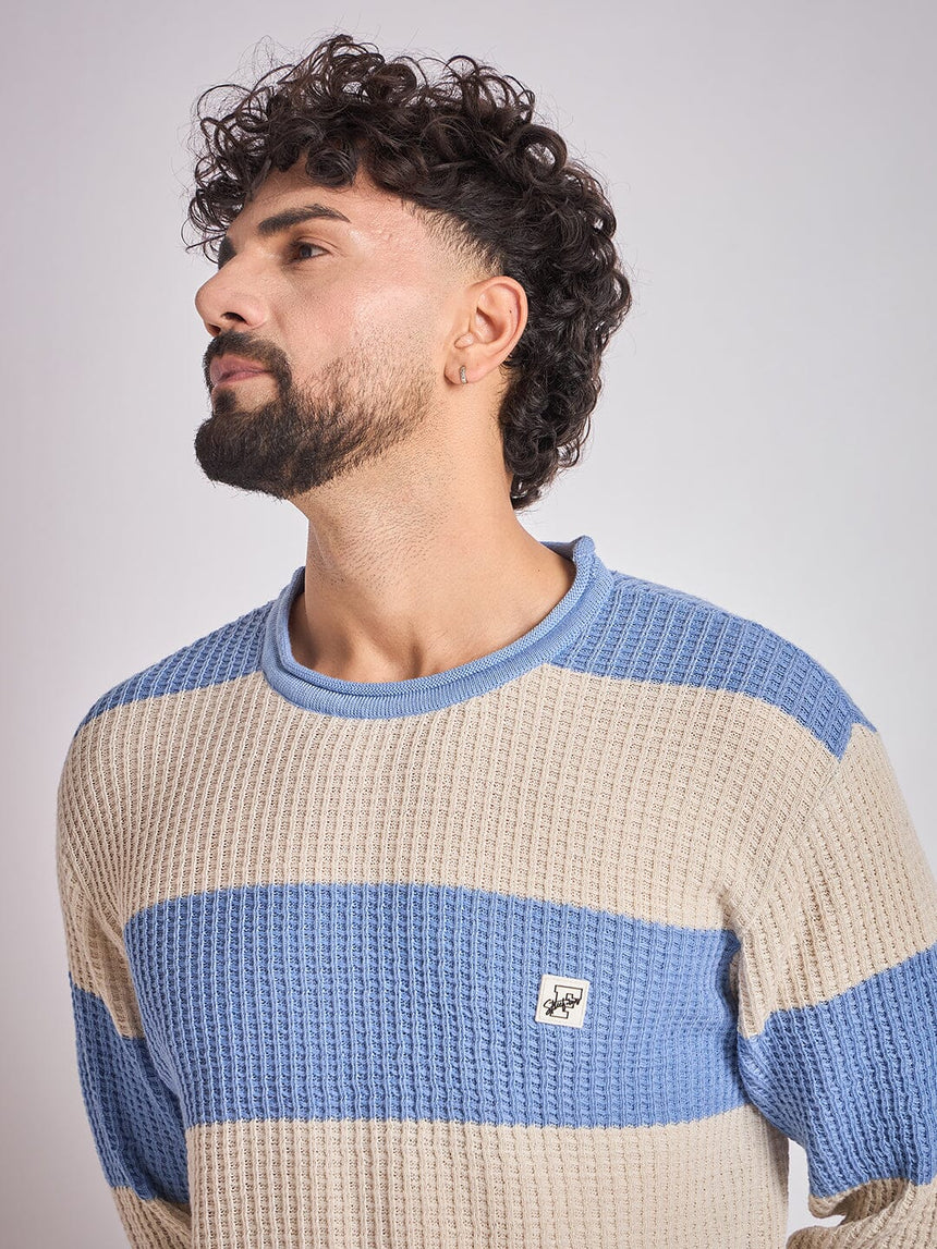 Sky and Cream Striped Raw Edge Sweater Sweaters Fugazee