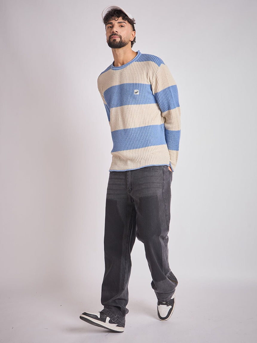 Sky and Cream Striped Raw Edge Sweater Sweaters Fugazee