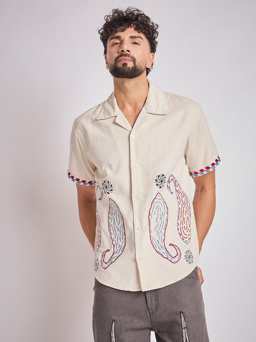 Ecru Paisley Embroidery Cuban Shirt Shirts Fugazee