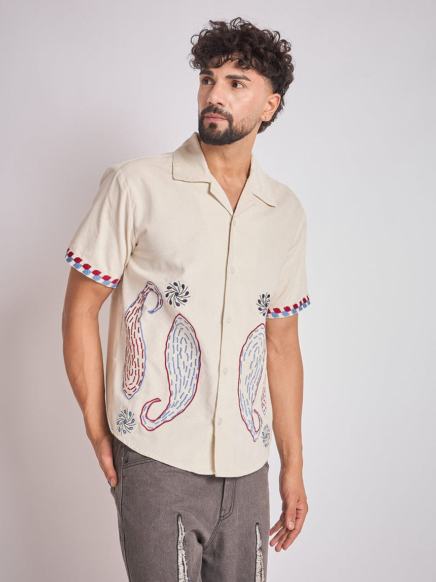 Ecru Paisley Embroidery Cuban Shirt Shirts Fugazee