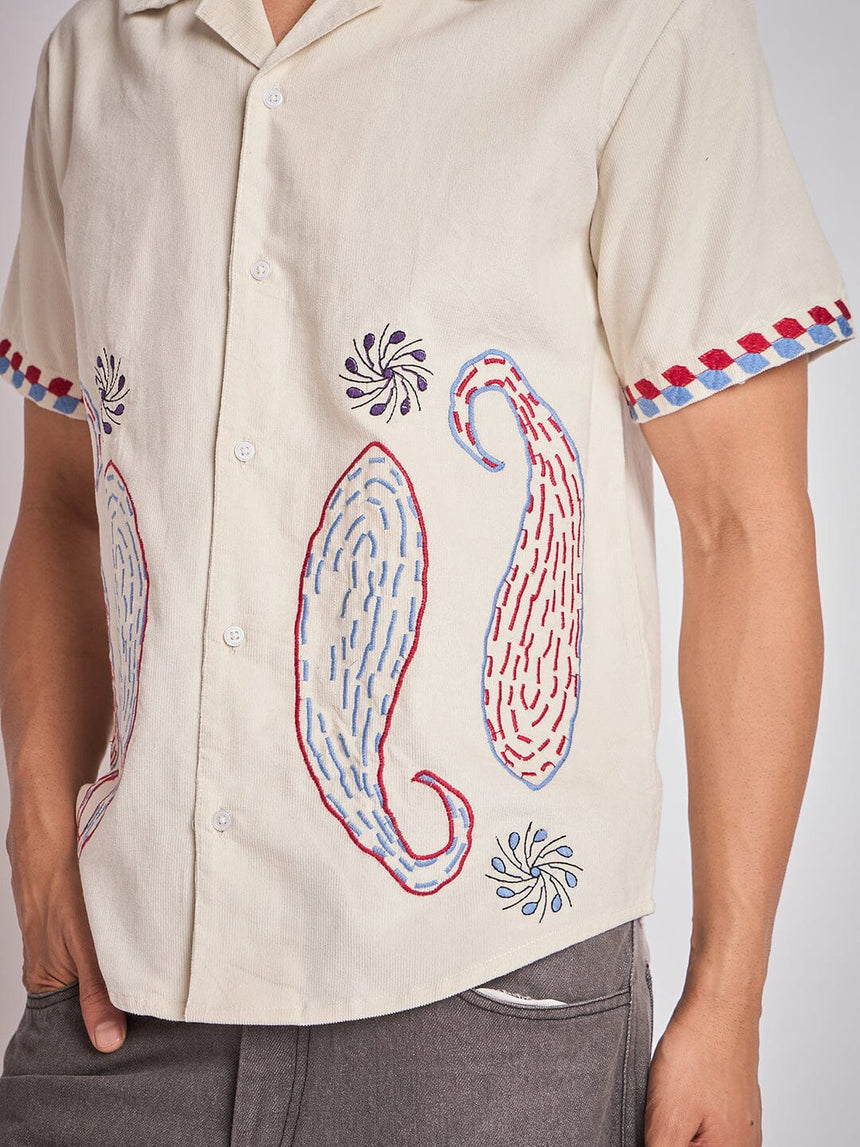 Ecru Paisley Embroidery Cuban Shirt Shirts Fugazee