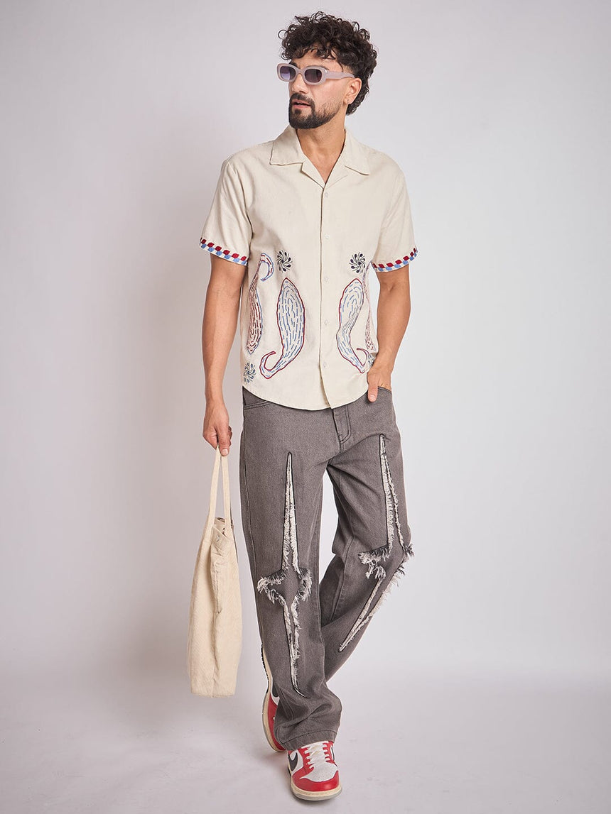 Ecru Paisley Embroidery Cuban Shirt Shirts Fugazee
