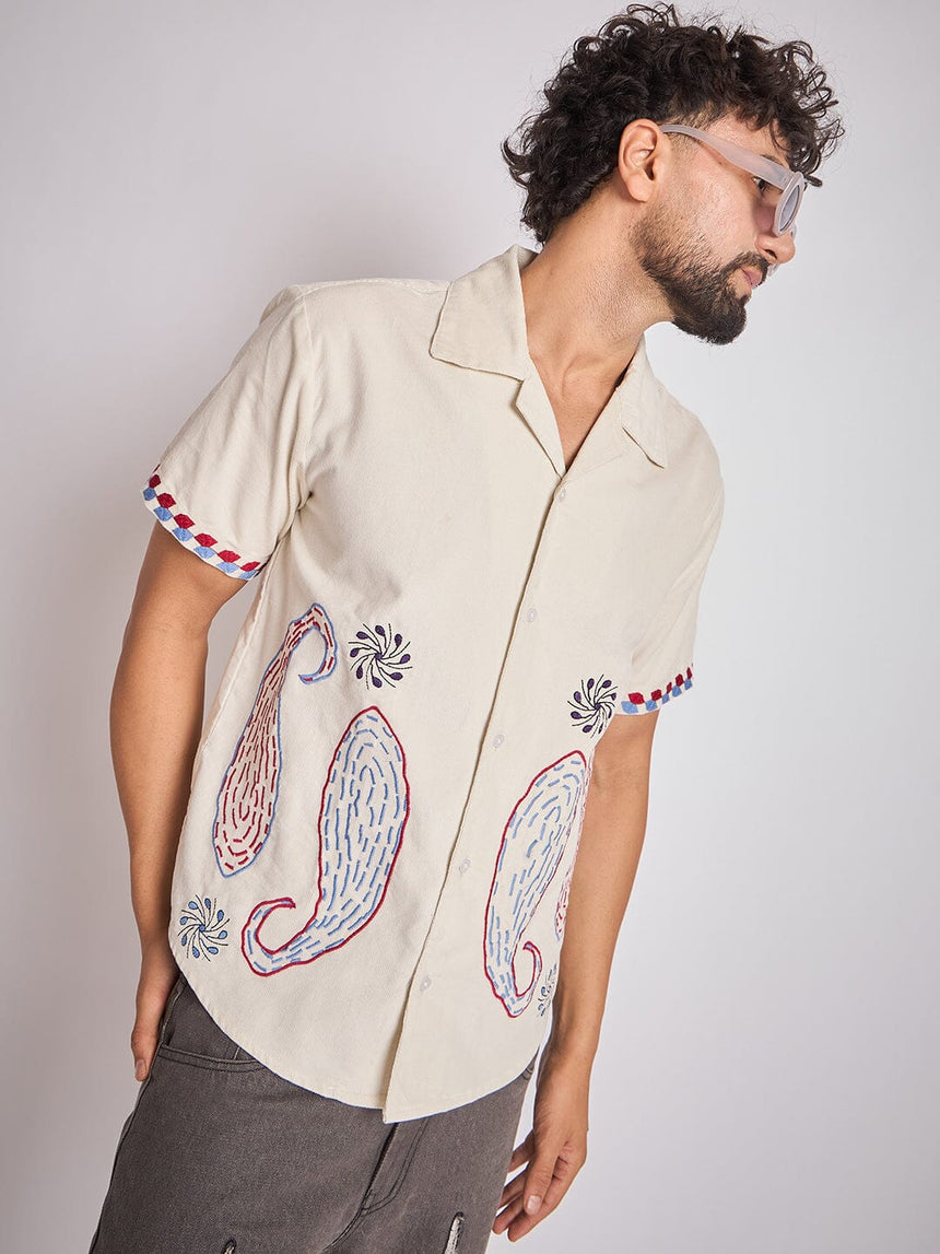 Ecru Paisley Embroidery Cuban Shirt Shirts Fugazee
