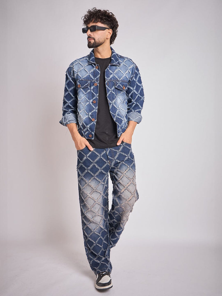 Dark Washed Damaged Patterned Denim Jacket & Jeans Clothing Set Clothing Set Fugazee