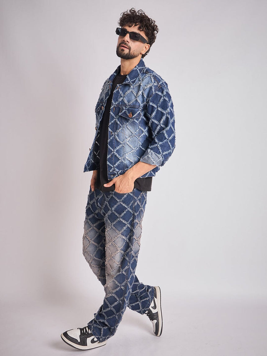 Dark Washed Damaged Patterned Denim Jacket & Jeans Clothing Set Clothing Set Fugazee