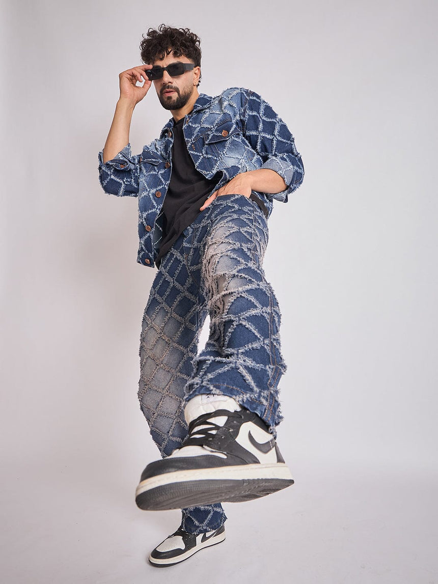 Dark Washed Damaged Patterned Denim Jacket & Jeans Clothing Set Clothing Set Fugazee