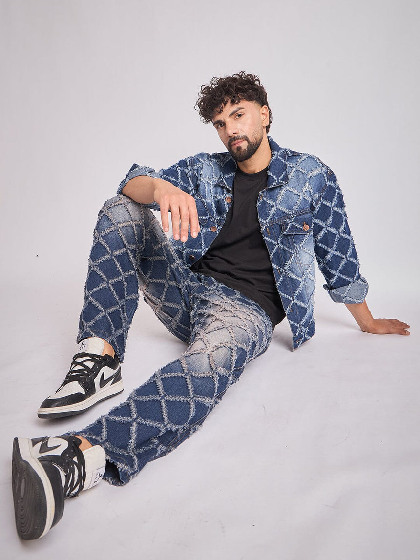 Dark Washed Damaged Patterned Denim Jacket & Jeans Clothing Set Clothing Set Fugazee