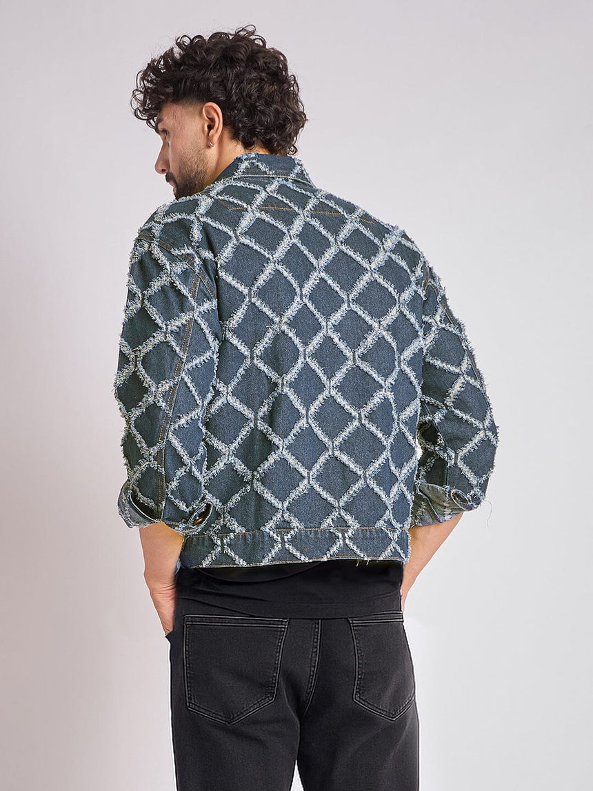 Dark Washed Damaged Patterned Denim Jacket Jackets Fugazee
