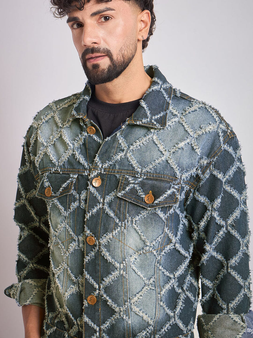 Dark Washed Damaged Patterned Denim Jacket Jackets Fugazee