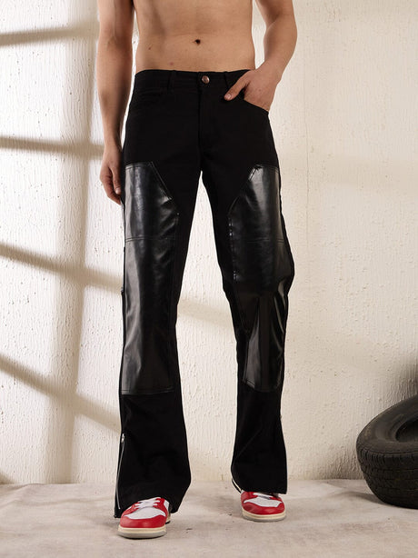 Black Leather Patched Flared Trousers Trousers Fugazee
