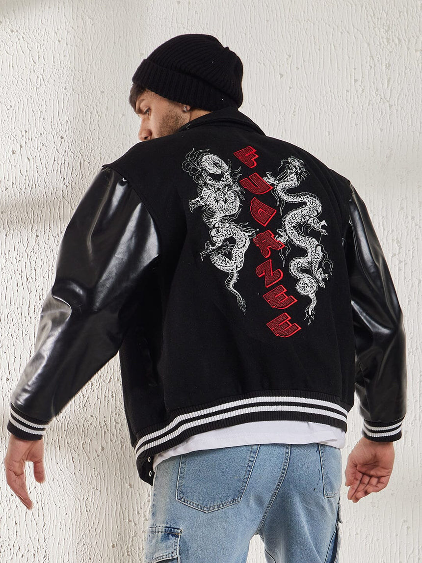 Black Dragon Embroidery Varsity Jacket Jackets Fugazee