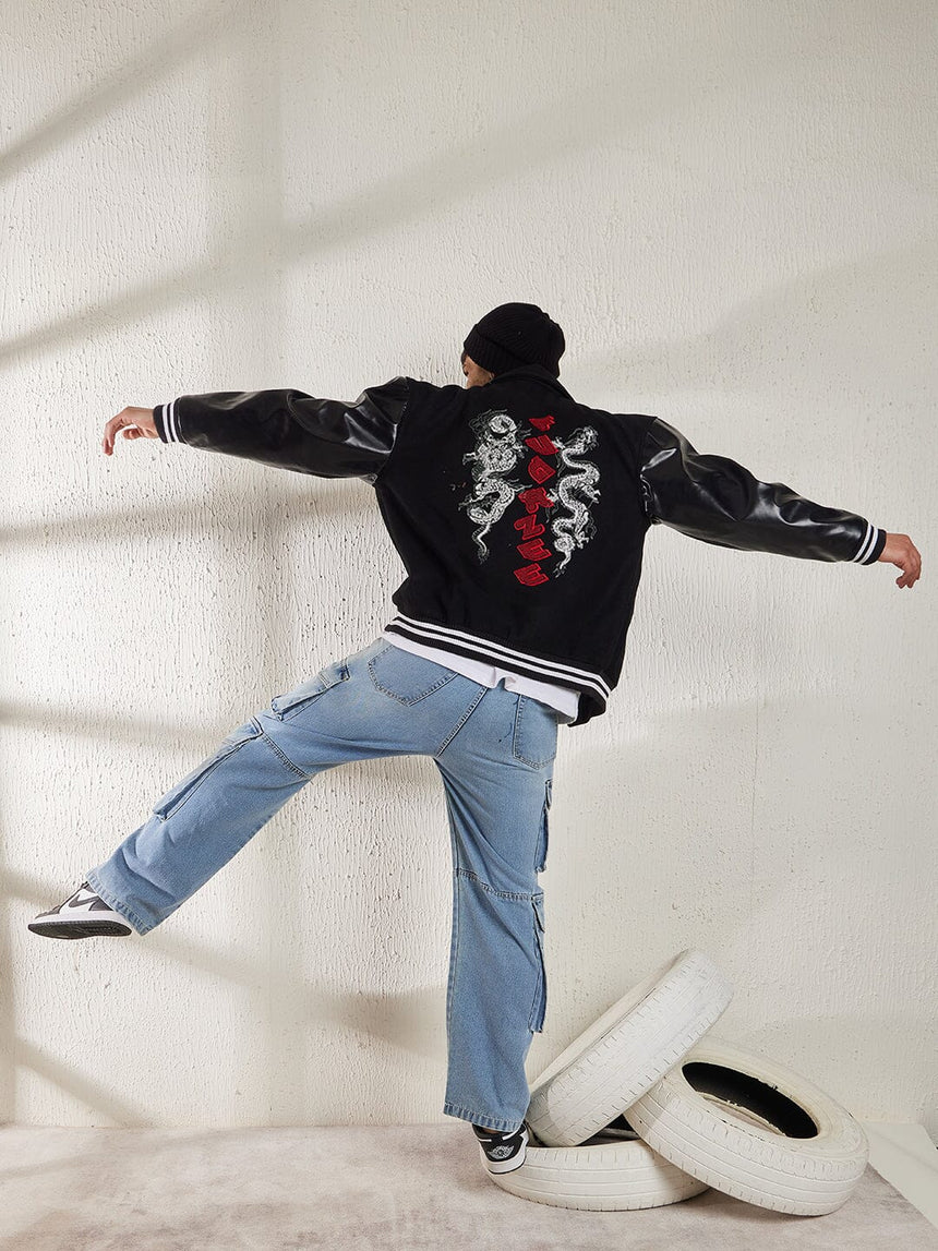 Black Dragon Embroidery Varsity Jacket Jackets Fugazee