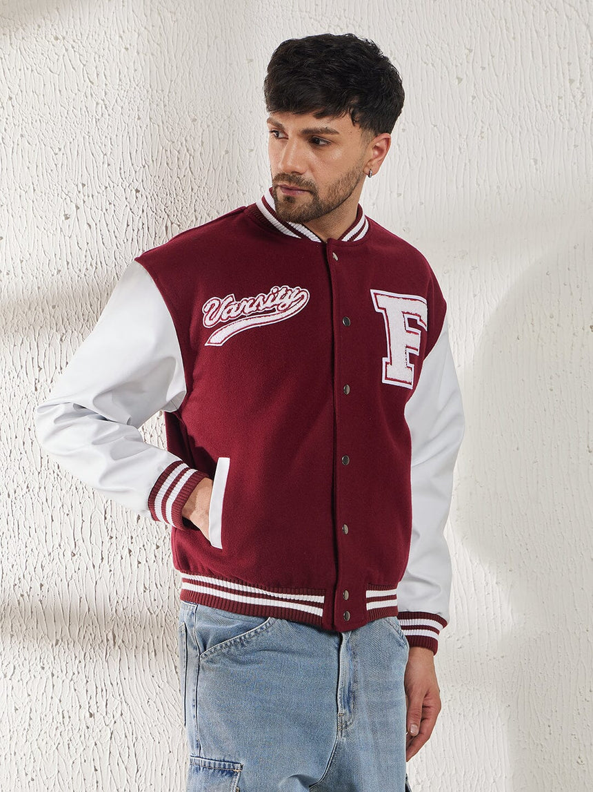Maroon Woollen Faux Leather Sleeves Letterman Varsity Jacket Jackets Fugazee