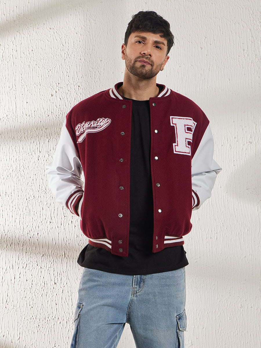 Maroon Woollen Faux Leather Sleeves Letterman Varsity Jacket Fugazee