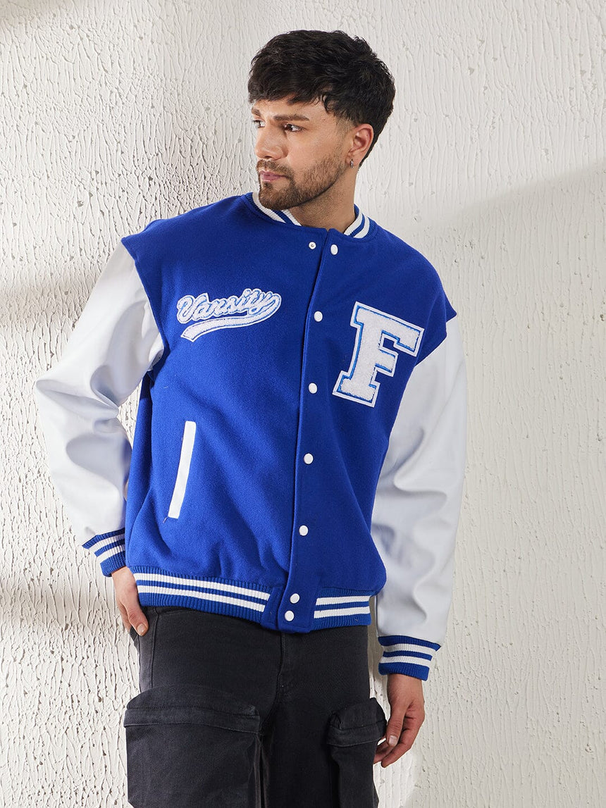 Royal Blue Woollen Faux Leather Sleeves Letterman Varsity Jacket Jackets Fugazee