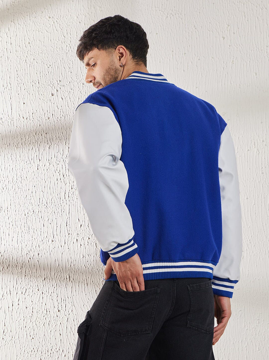 Royal Blue Woollen Faux Leather Sleeves Letterman Varsity Jacket Jackets Fugazee