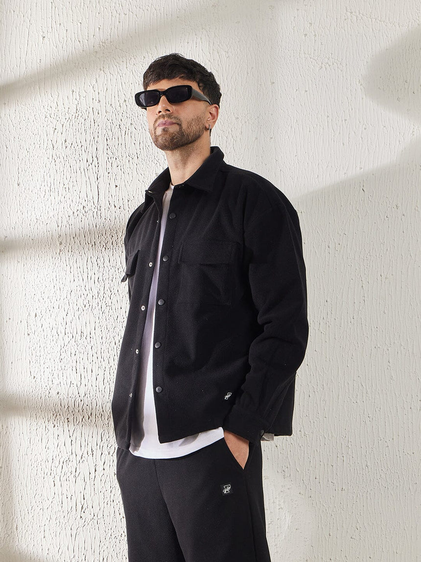 Black Polar Fleece Shacket Shackets Fugazee