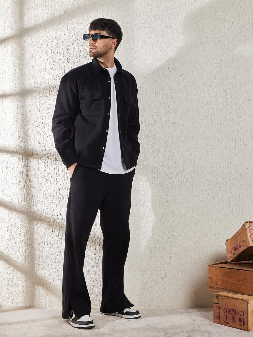 Black Polar Fleece Boot Cut Joggers Trackpants Fugazee