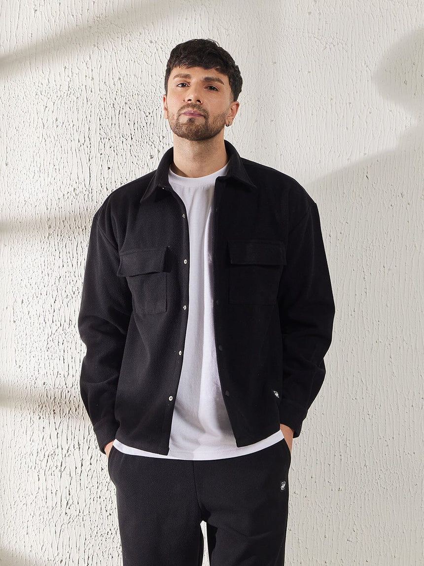 Black Polar Fleece Shacket Shackets Fugazee