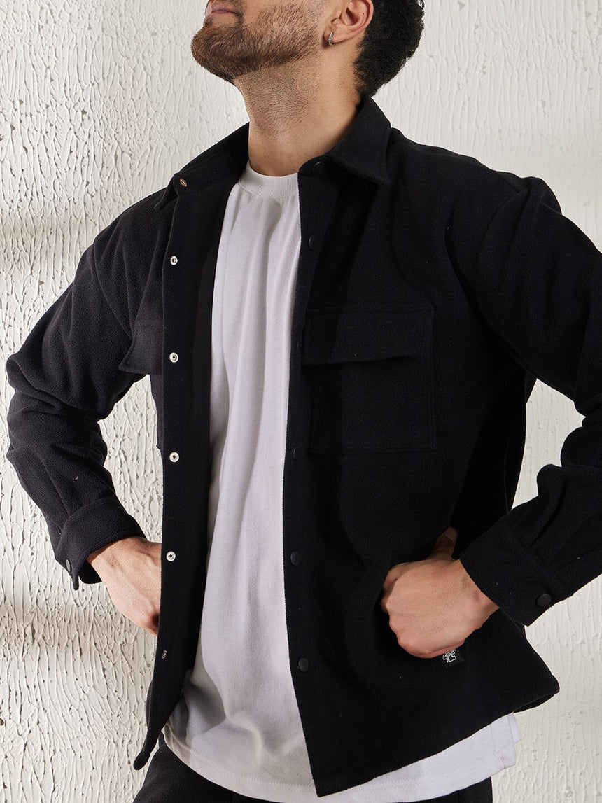 Black Polar Fleece Shacket and Trackpants Clothing Set Clothing Set Fugazee