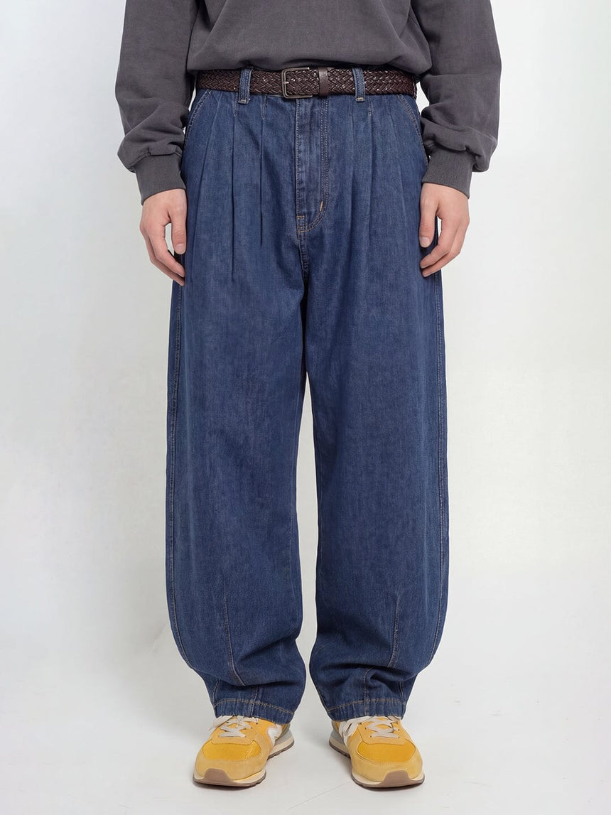 Indigo Pleated Barrel Fit Denim Jeans Fugazee