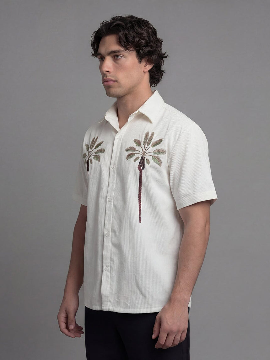 White Palm Embroidery Corduroy Short Sleeves Shirt Shirts Fugazee