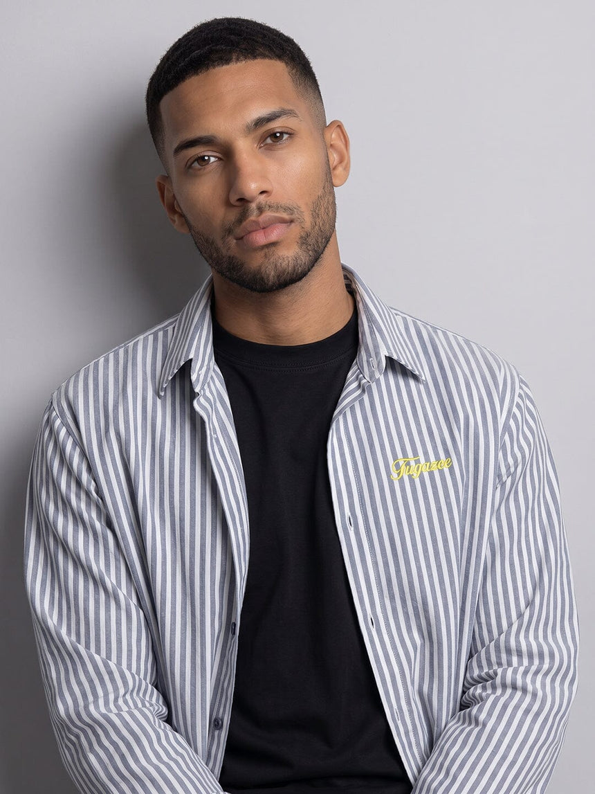 Navy Striped Seersucker Cropped Shirt Shirts Fugazee