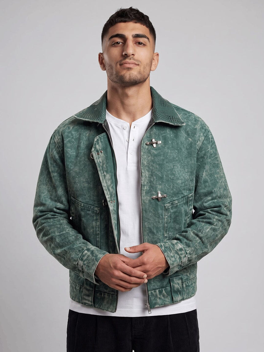 Green Grunge Fireman Clasp Denim Jacket Jackets Fugazee