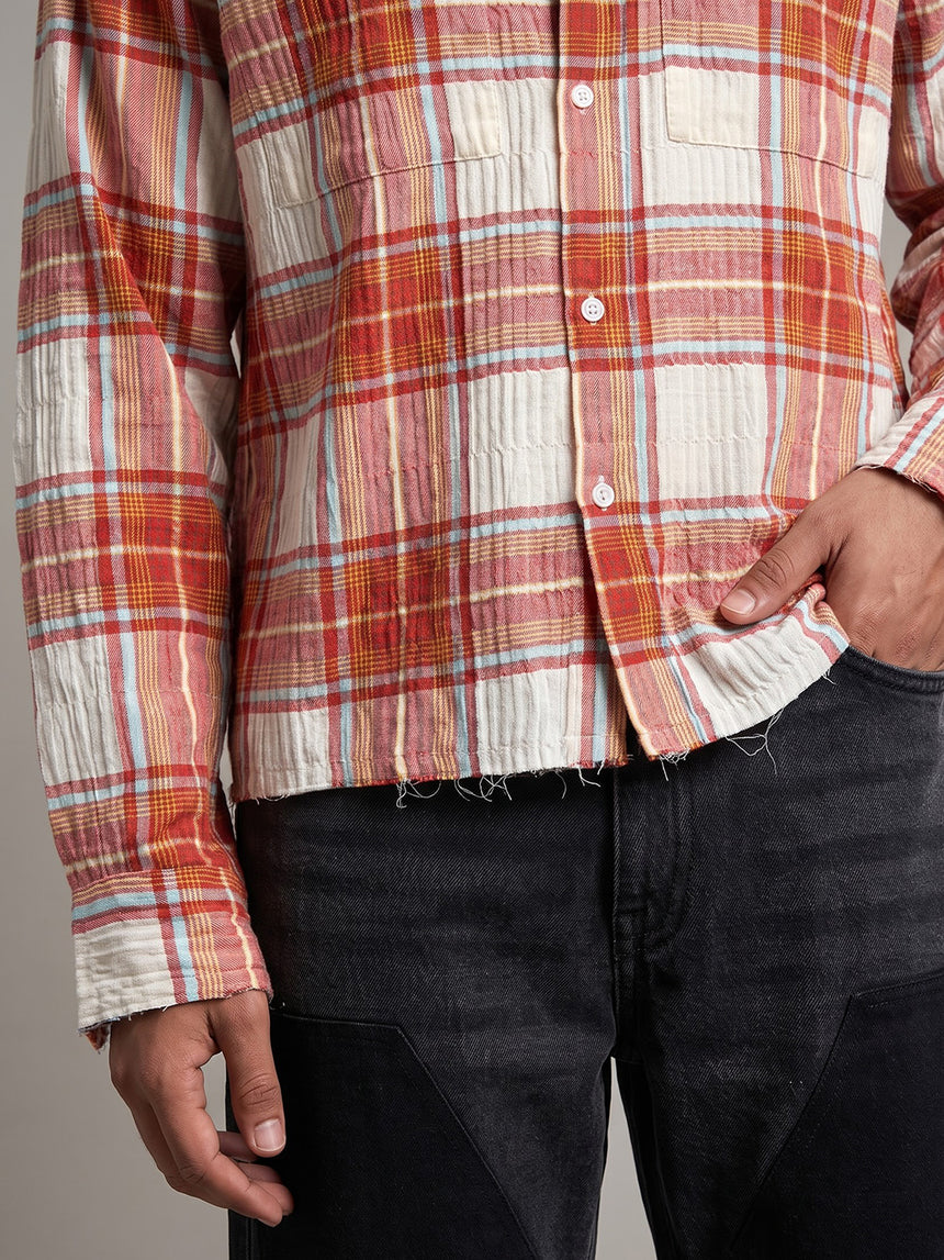 Rust Crushed Checkered Raw Edge Cropped Shirt