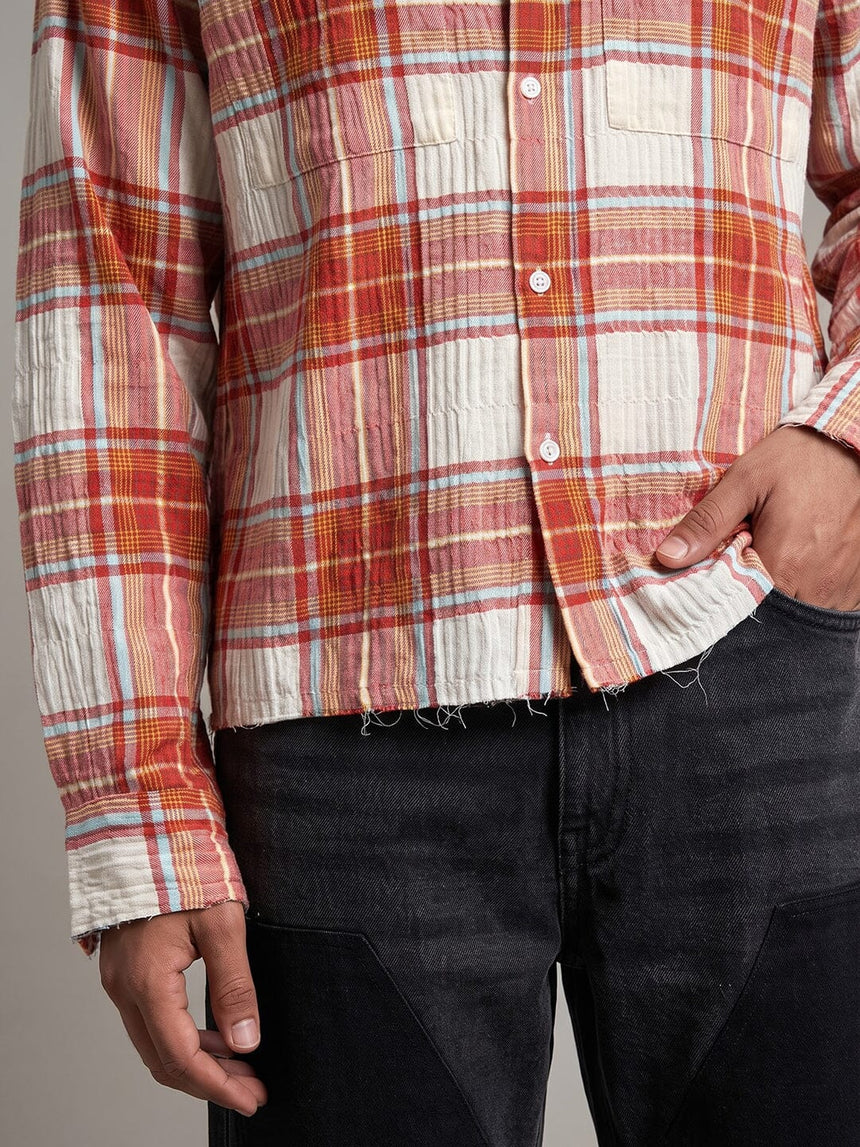 Rust Crushed Checkered Raw Edge Cropped Shirt Shirts Fugazee