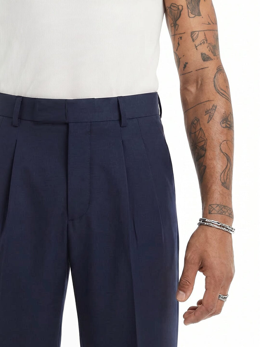Navy Wide Leg Pleated Trousers Trousers Fugazee
