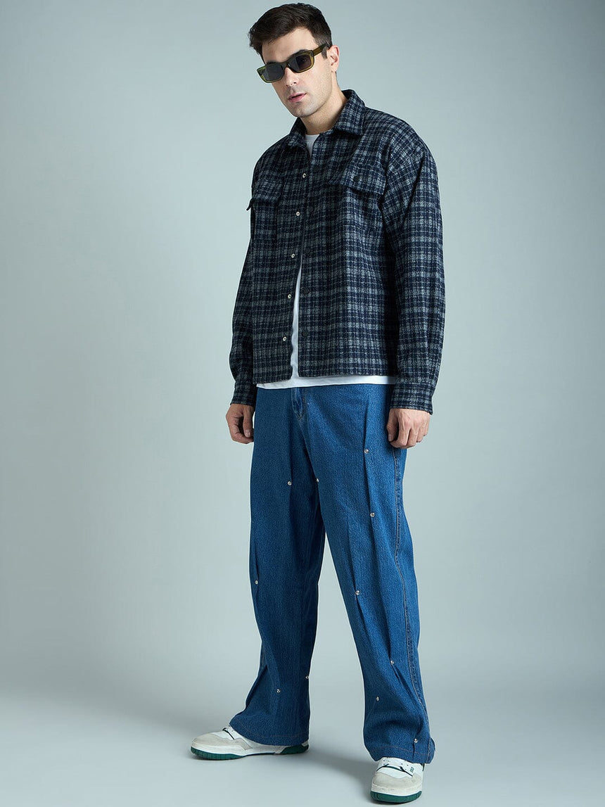 Charcoal & Navy Checkered Tweed OverShirt Shackets Fugazee