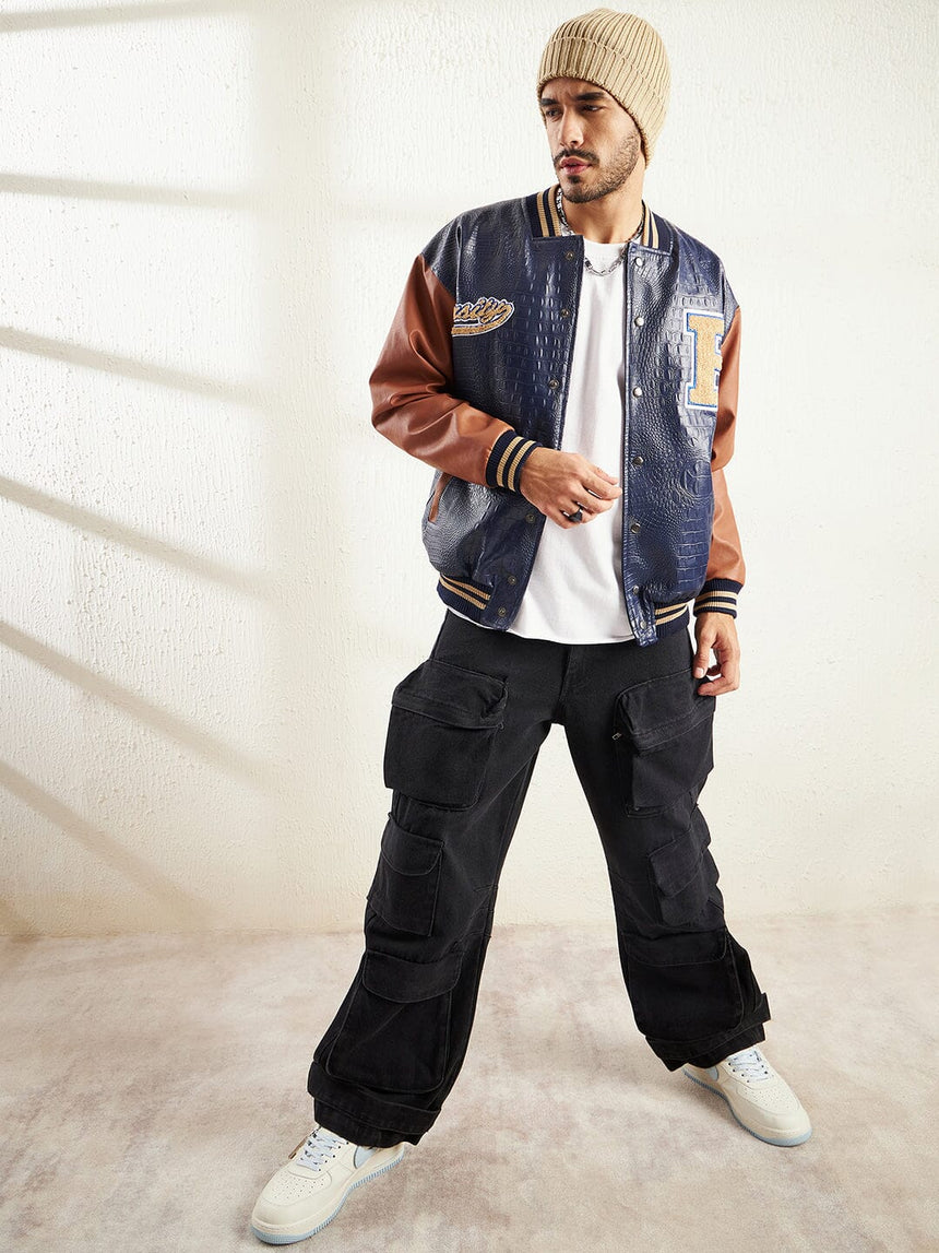 Navy Pu Croc Varsity Jacket Jackets Fugazee