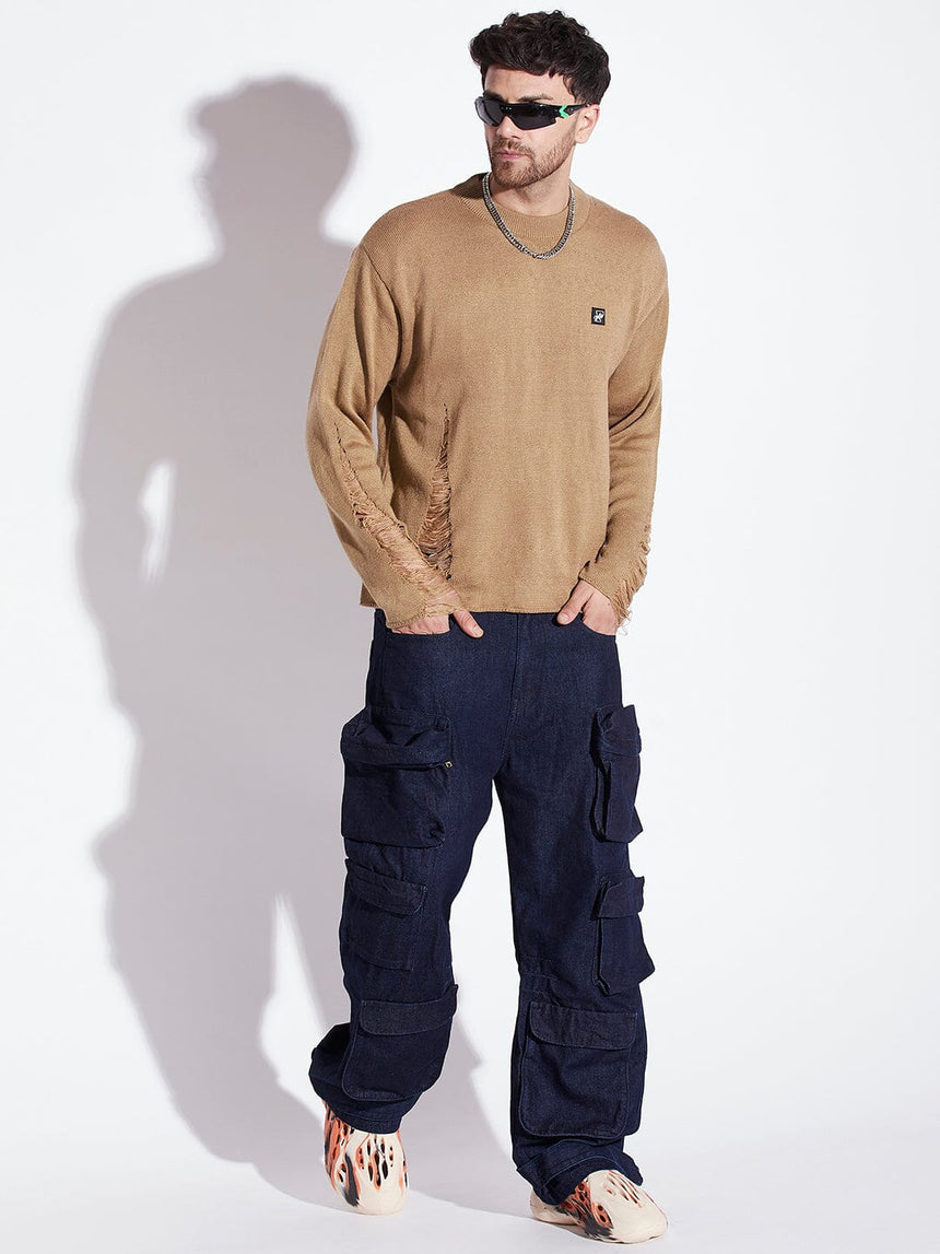 Beige Damaged Raw Edge Sweater Sweaters Fugazee